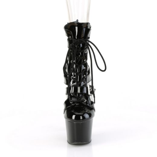Product image of Pleaser ADORE-1013MST Blk Pat/Blk 7 Inch Heel 2 3/4 Inch PF Strappy Lace-Up Cage Bootie Back Zip
