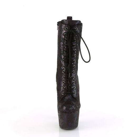 Product image of Pleaser ADORE-1040SPF Blk Oil Slick Met. Snake Print Fabric/M 7 Inch Heel 2 3/4 Inch PF Lace-Up Front Ankle Boot Side Zip