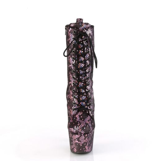Product image of Pleaser ADORE-1040SPF B. Pink Metallic Holo Snake Print Fabric 7 Inch Heel 2 3/4 Inch PF Lace-Up Front Ankle Boot Side Zip