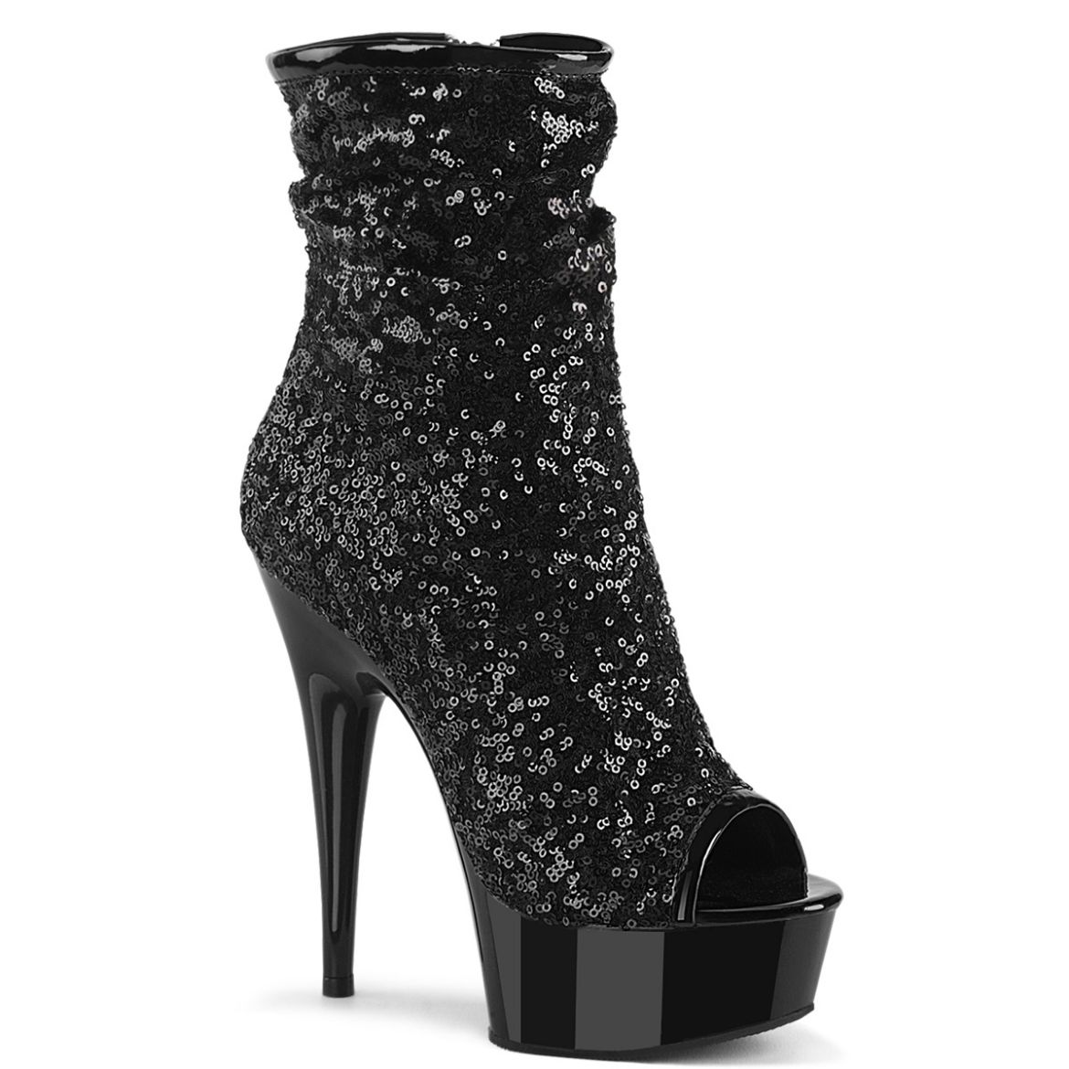 Product image of Pleaser DELIGHT-1008SQ Blk Sequins/Blk Matte 6 Inch Heel 1 3/4 Inch PF Peep Toe Ruched Ankle Boot Side Zip