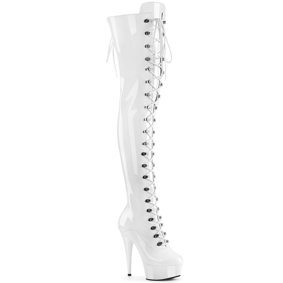 Product image of Pleaser DELIGHT-3022 Wht Str Pat/Wht 6 Inch Heel 1 3/4 Inch PF Lace-Up Thigh Boot 1/2 Inside Zip