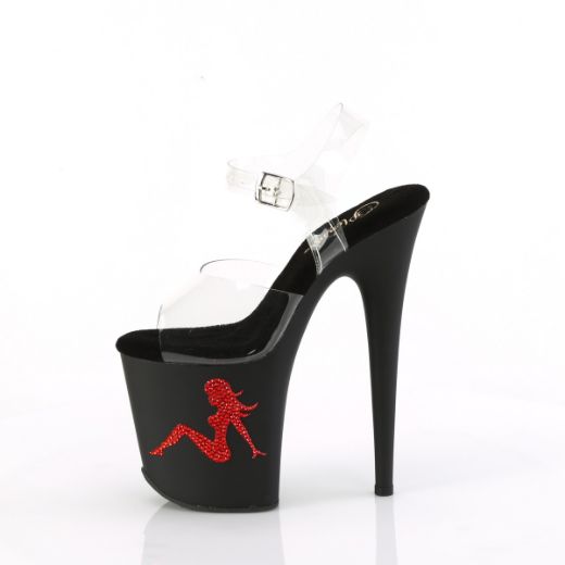 Product image of Pleaser FLAMINGO-808TGRS Clr/Blk-Red 8 Inch Heel 4 Inch PF Ankle Strap Sandal w/RS Trucker Girl