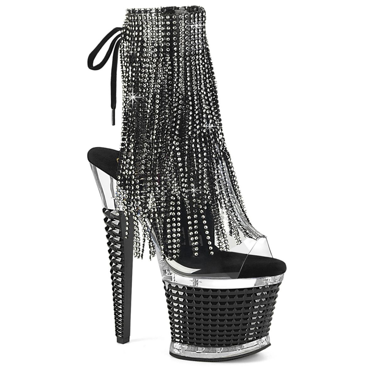 Product image of Pleaser SPECTATOR-1017RSF Clr/Clr-Blk 7 Inch Heel 3 Inch PF 4-Layer Fringe Ankle Boot Side Zip