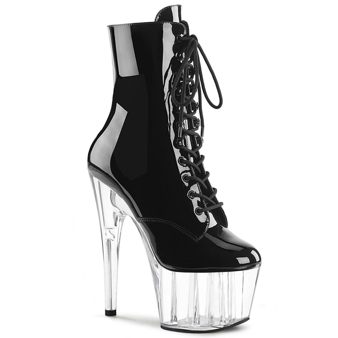 Product image of Pleaser ADORE-1020 Blk Pat/Clr 7 Inch Heel 2 3/4 Inch PF Lace-Front Ankle Boot Side Zip