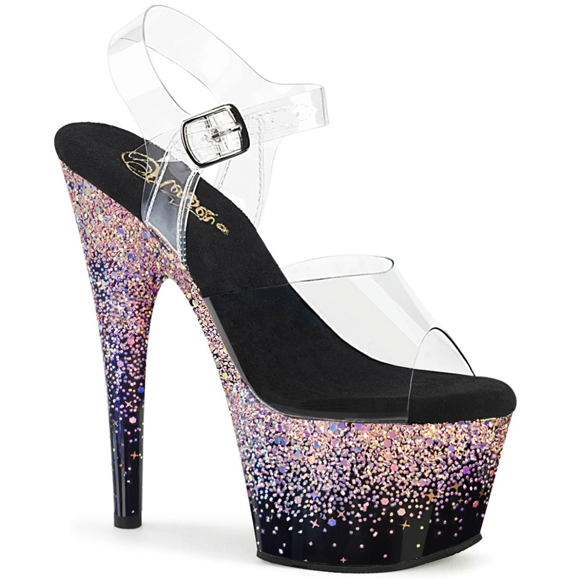 Product image of Pleaser ADORE-708SS Clr/Blk-Dusty Blush Multi Glitter 7 Inch Heel 2 3/4 Inch PF Ankle Strap Sandal