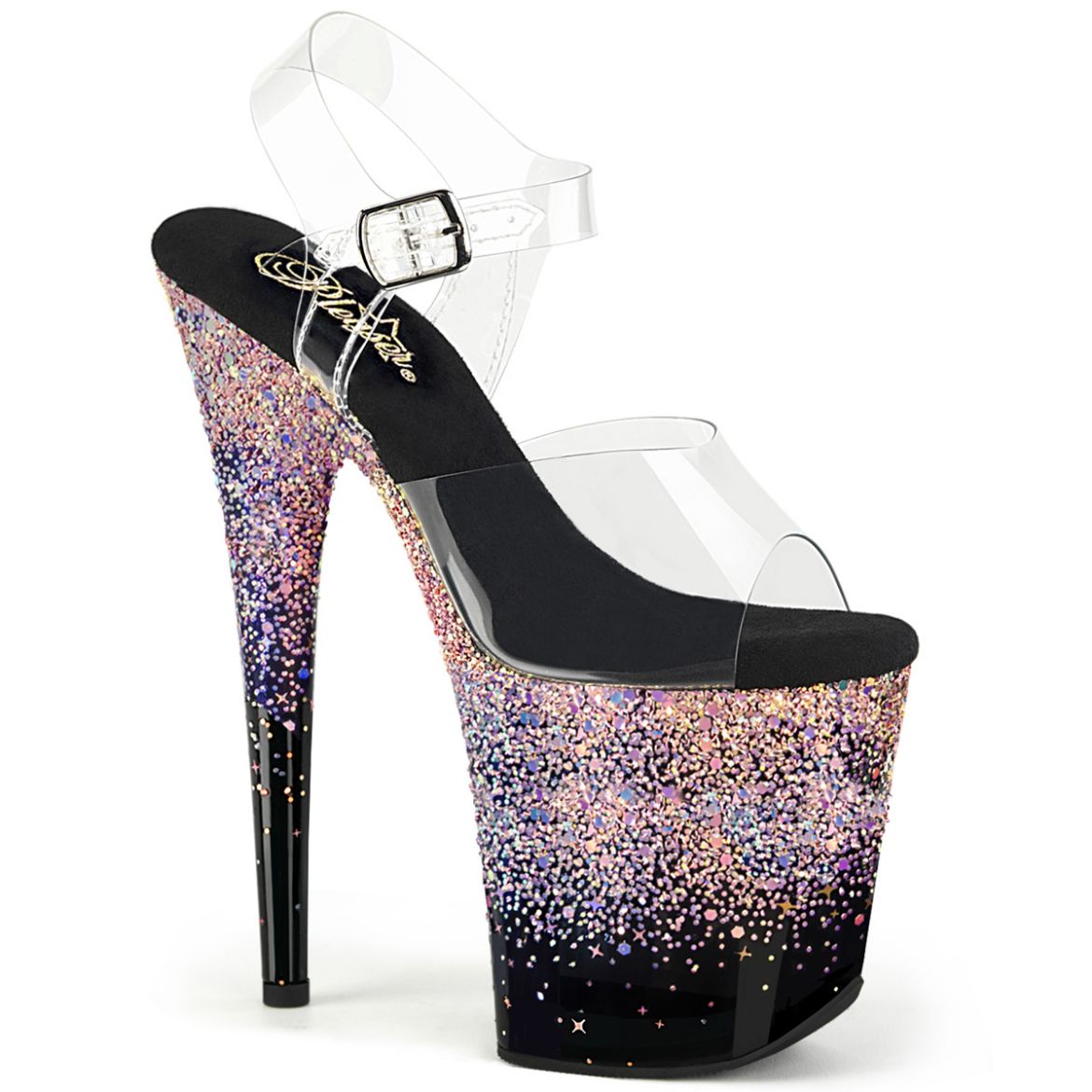Product image of Pleaser FLAMINGO-808SS Clr/Blk-Dusty Blush Multi Glitter 8 Inch Heel 4 Inch PF Ankle Strap Sandal