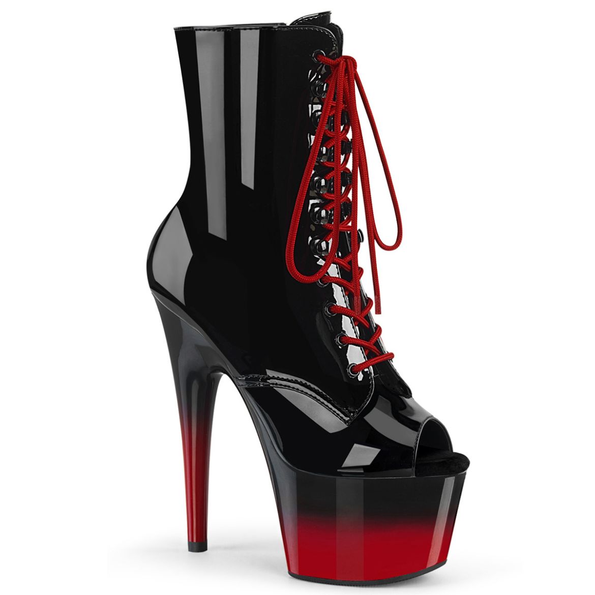 Product image of Pleaser ADORE-1021BR-H Blk Pat/Blk-Red 7 Inch Heel 2 3/4 Inch PF Peep Toe Lace-Up Ankle Boot Side Zip
