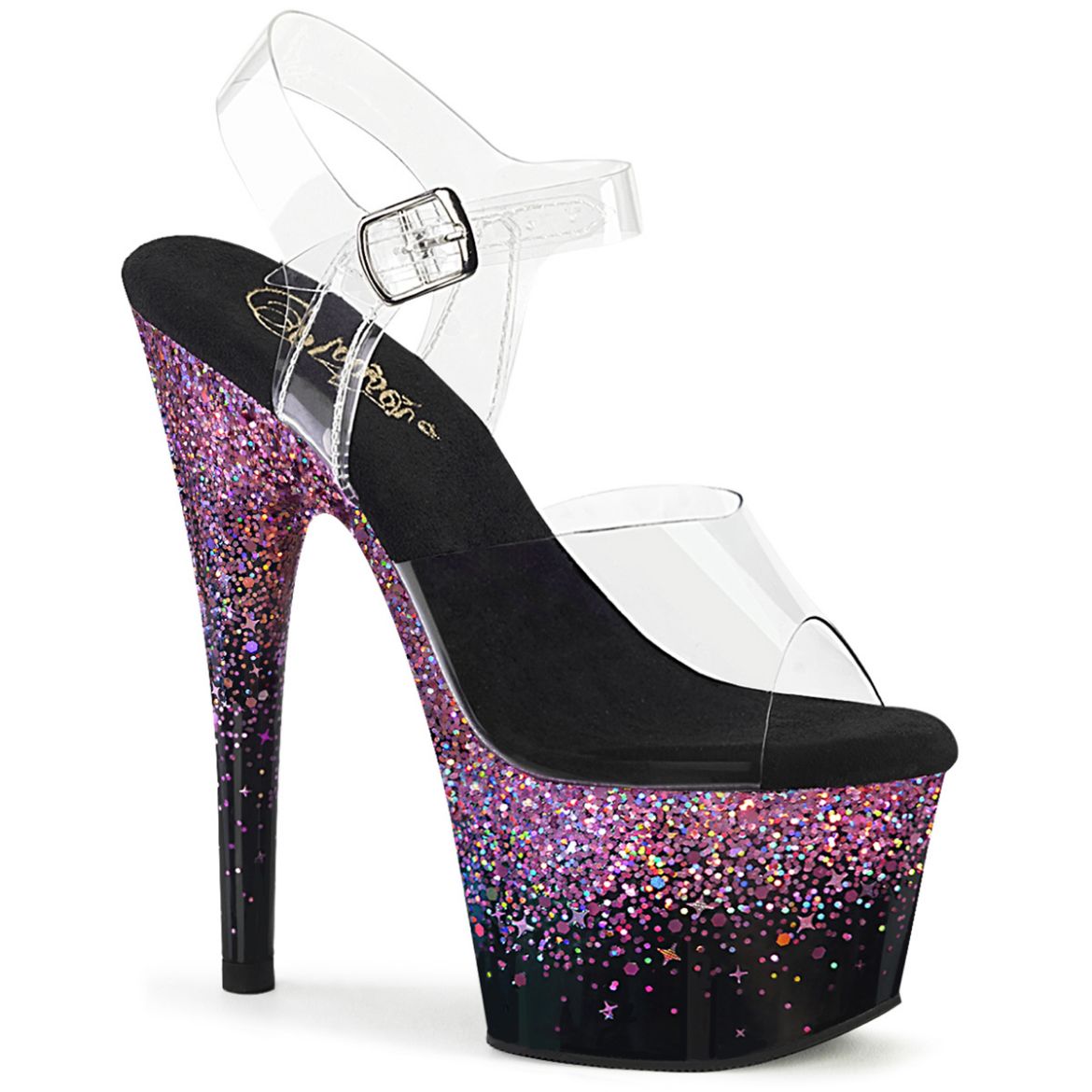 Product image of Pleaser ADORE-708SS Clr/Blk-Purple Multi Glitter 7 Inch Heel 2 3/4 Inch PF Ankle Strap Sandal