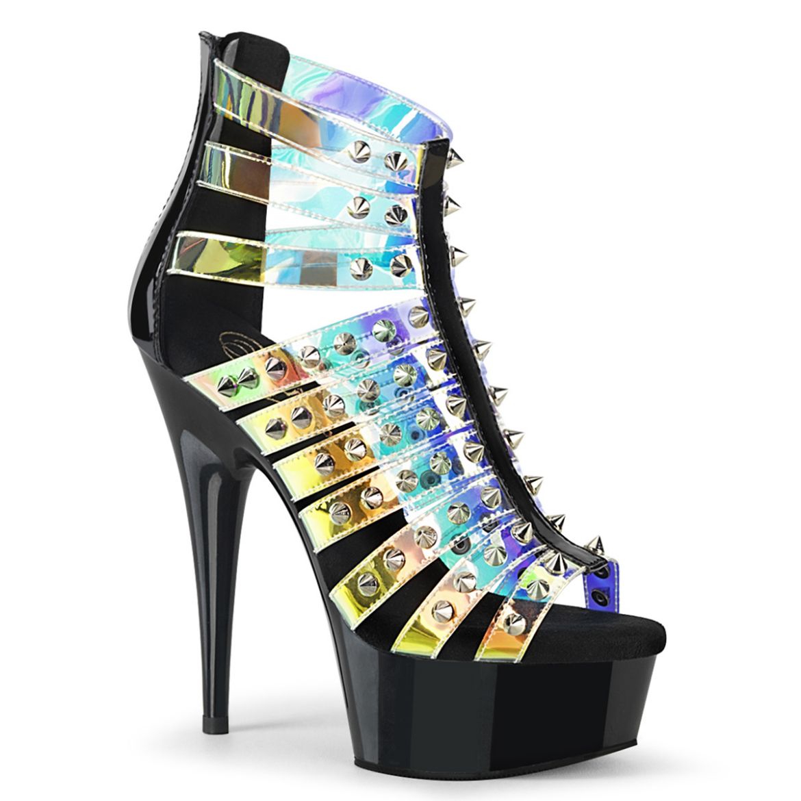 Product image of Pleaser DELIGHT-600-9 Holo TPU-Blk Pat/Blk 6 Inch Heel 1 3/4 Inch PF Strappy Close Back Sandal Back Zip