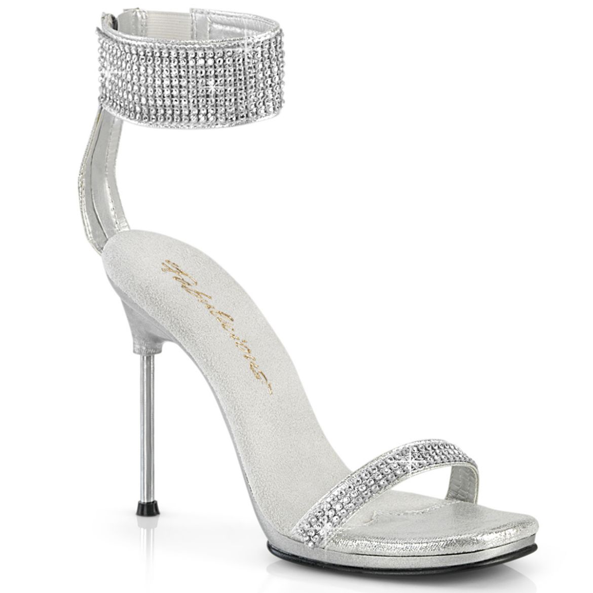 Product image of Fabulicious CHIC-40 Slv Shimmery Fabric-RS/Slv 4 1/2 Inch Heel 1/4 Inch PF Ankle Strap Sandal w/RS Back Zip