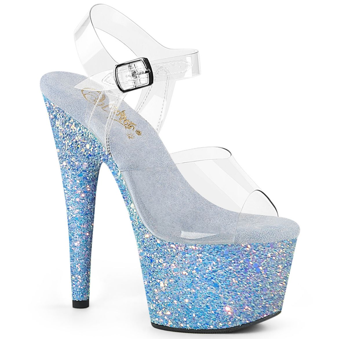 Product image of Pleaser ADORE-708LG Clr/B. Blue Glitter 7 Inch Heel 2 3/4 Inch PF Ankle Strap Sandal w/ Holo Glitter Bottom