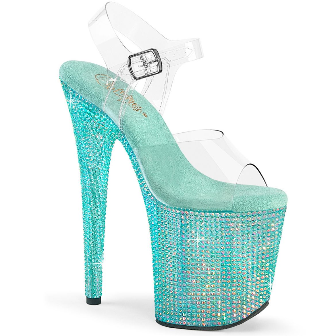 Product image of Pleaser BEJEWELED-808RRS Clr/Aqua RS 8 Inch Heel 4 Inch PF Ankle Strap Sandal w/ Resin RS