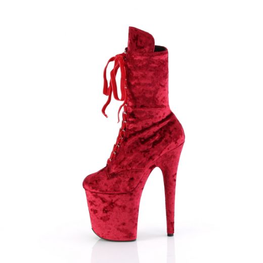 Product image of Pleaser FLAMINGO-1045VEL Red Velvet/Red Velvet 8 Inch Heel 4 Inch PF Velvet Lace-Up Front Ankle Boot
