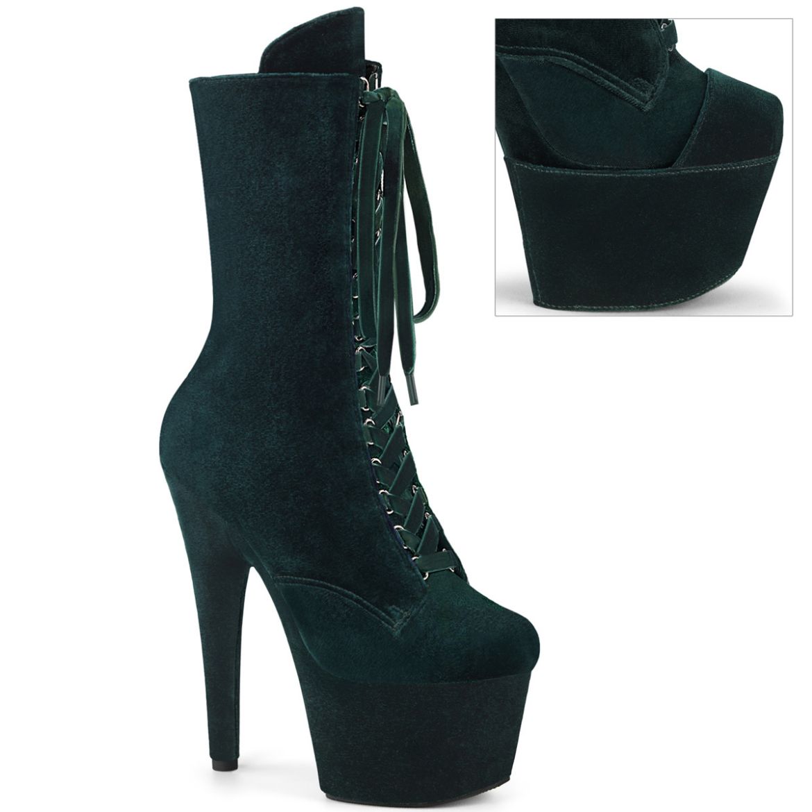 Product image of Pleaser ADORE-1045VEL Emerald Green Velvet/Emerald Green Velvet 7 Inch Heel 2 3/4 Inch PF Velvet Lace-Up Front Ankle Boot