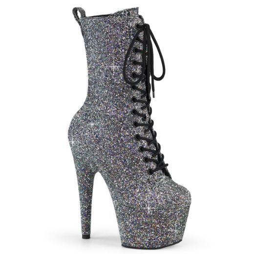 Product image of Pleaser ADORE-1040GR Blk Multi Glitters/Matching 7 Inch Heel 2 3/4 Inch PF Lace-Up Front Ankle Boot Side Zip