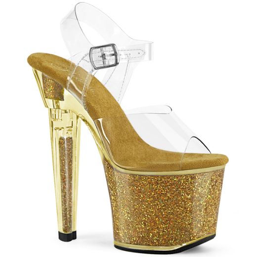 Product image of Pleaser LOVESICK-708SG Clr/Gold Multi Iridescent Glitters 7 Inch Heel 3 1/4 Inch PF Ankle Strap Sandal w/Iridescent Glitters