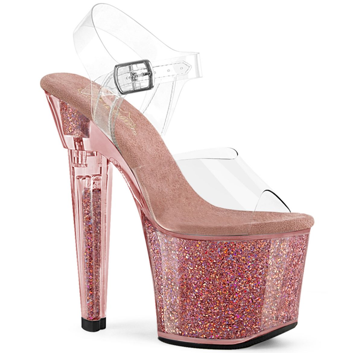 Product image of Pleaser LOVESICK-708SG Clr/Pink Multi Iridescent Glitters 7 Inch Heel 3 1/4 Inch PF Ankle Strap Sandal w/Iridescent Glitters