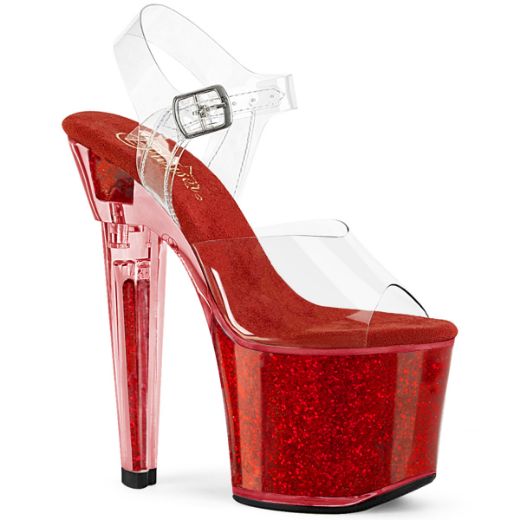 Product image of Pleaser LOVESICK-708SG Clr/Red Iridescent Glitters 7 Inch Heel 3 1/4 Inch PF Ankle Strap Sandal w/Iridescent Glitters