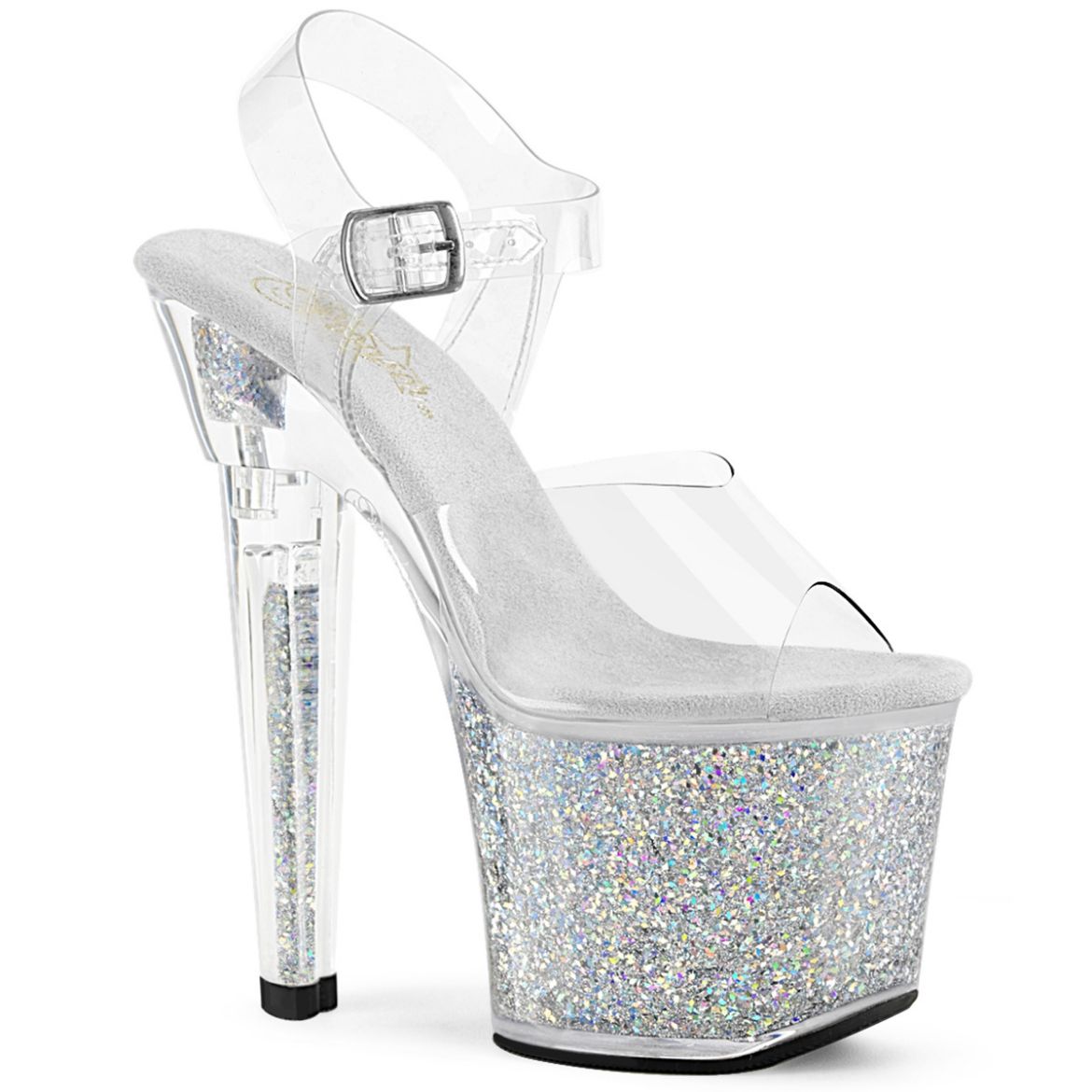 Product image of Pleaser LOVESICK-708SG Clr/Slv Multi Iridescent Glitters 7 Inch Heel 3 1/4 Inch PF Ankle Strap Sandal w/Iridescent Glitters
