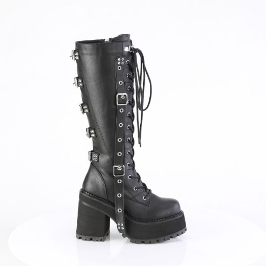 Product image of Demoniacult ASSAULT-218 Blk Vegan Leather 4 3/4 Inch Heel 2 1/4 Inch PF Lace-Up Knee High Boot Inside Zip