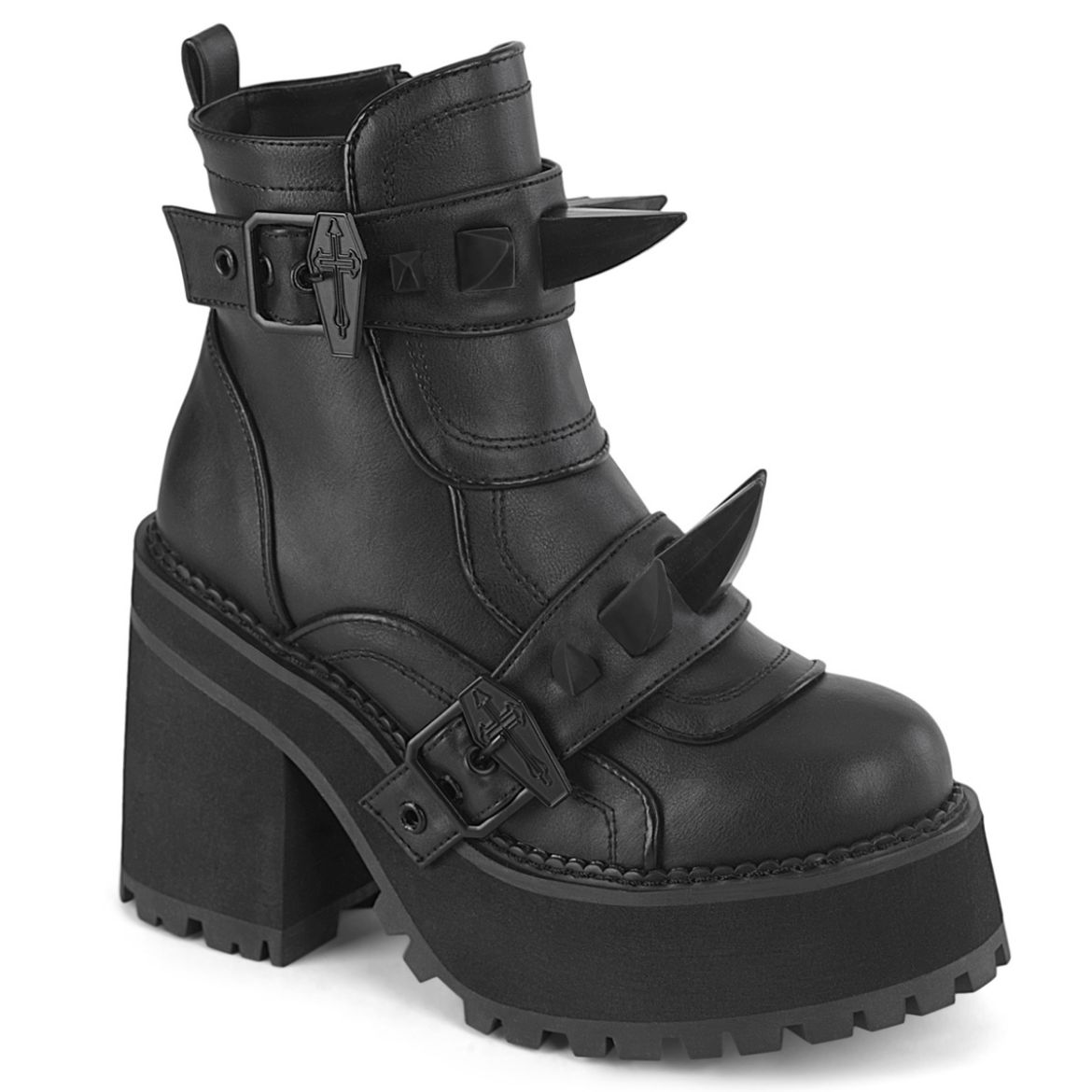 Product image of Demoniacult ASSAULT-72 Blk Vegan Leather 4 3/4 Inch Heel 2 1/4 Inch PF Ankle Boot Inside Zip
