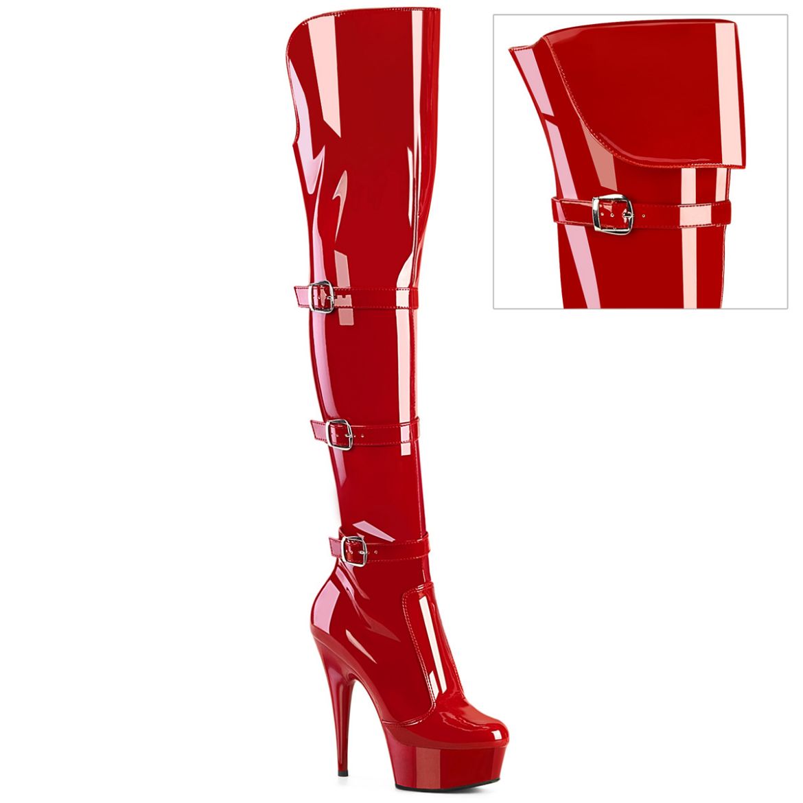 Product image of Pleaser DELIGHT-3018 Red Str. Pat/Red 6 Inch Heel 1 3/4 Inch PF Triple Buckle Strap OTK Boot Side Zip