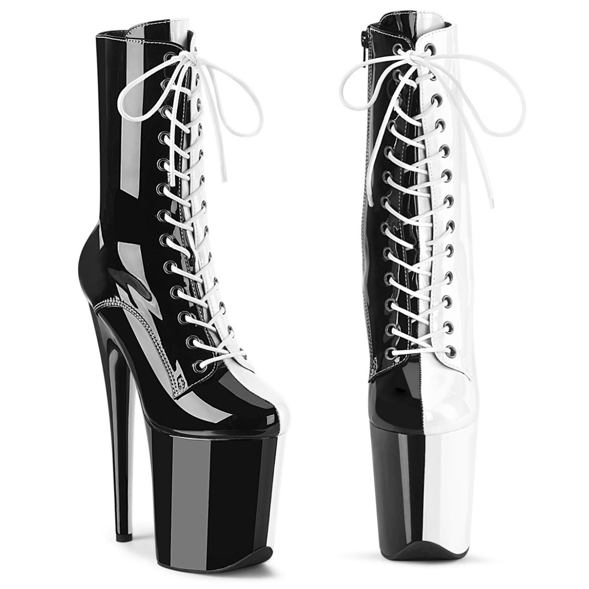 Product image of Pleaser FLAMINGO-1040TT Blk-Wht Pat/Blk-Wht 8 Inch Heel 4 Inch PF Two Tone Lace-Up Ankle Boot Side Zip
