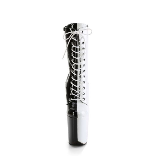 Product image of Pleaser FLAMINGO-1040TT Blk-Wht Pat/Blk-Wht 8 Inch Heel 4 Inch PF Two Tone Lace-Up Ankle Boot Side Zip