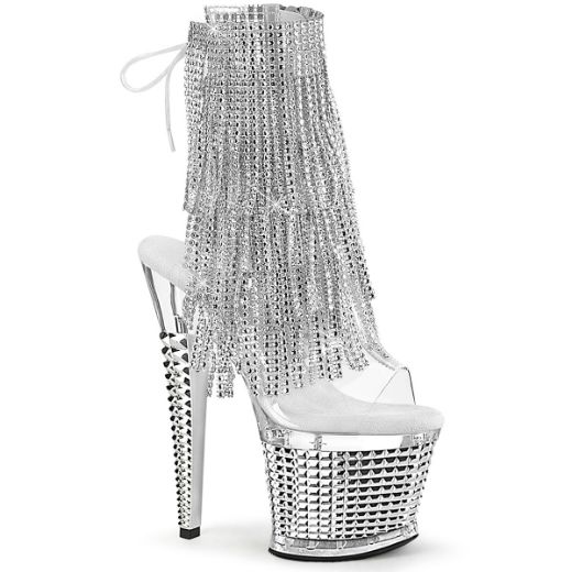 Product image of Pleaser SPECTATOR-1017RSF Clr-Slv/Clr-Slv Chrome 7 Inch Heel 3 Inch Textured PF Open Toe/Heel Lace-Up Fringe Ankle