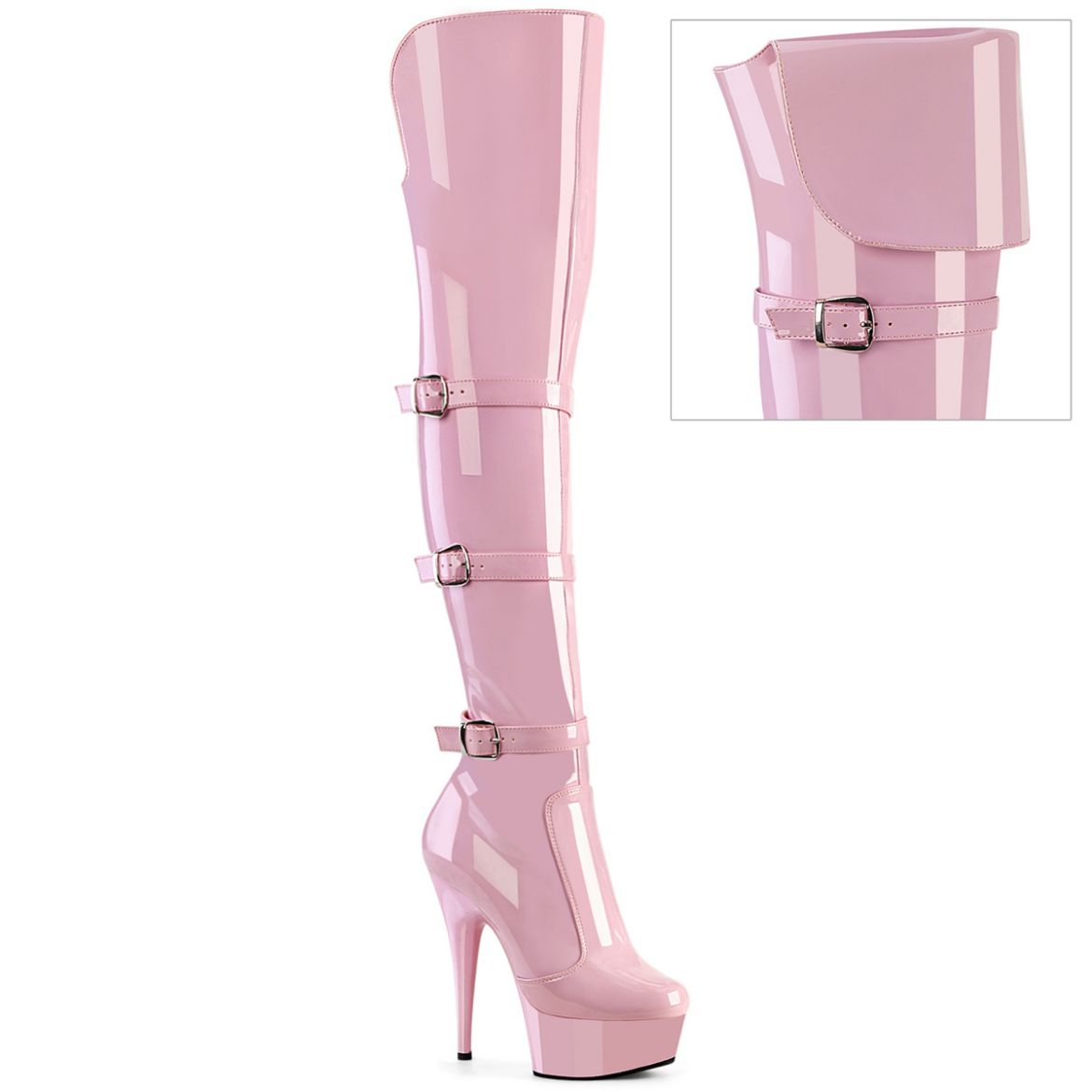Product image of Pleaser DELIGHT-3018 B. Pink Str. Pat/B. Pink 6 Inch Heel 1 3/4 Inch PF Triple Buckle Strap OTK Boot Side Zip