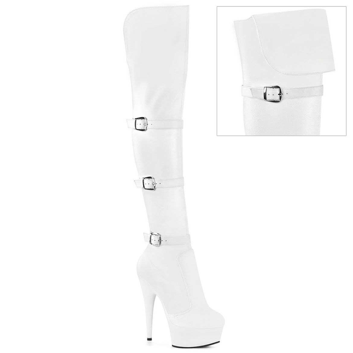 Product image of Pleaser DELIGHT-3018 Wht Str. Faux Leather/Wht Matte 6 Inch Heel 1 3/4 Inch PF Triple Buckle Strap OTK Boot Side Zip