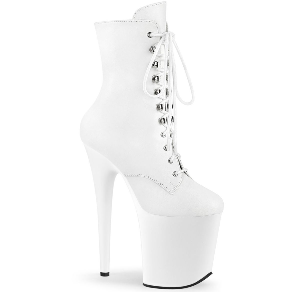 Product image of Pleaser FLAMINGO-1020 Wht Faux Leather/Wht Matte 8 Inch Heel 4 Inch PF Lace-Up Front Ankle Boot Side Zip