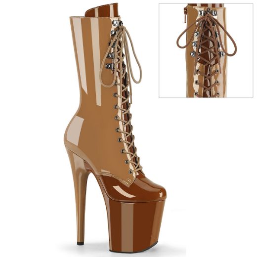 Product image of Pleaser FLAMINGO-1054DC Toffee-Caramel Pat/Toffee Caramel 8 Inch Heel 4 Inch PF Two Tone Lace-Up Mid Calf Boot Side Zip