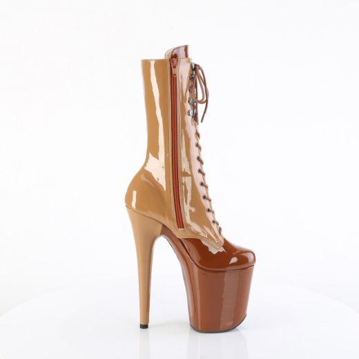 Product image of Pleaser FLAMINGO-1054DC Toffee-Caramel Pat/Toffee Caramel 8 Inch Heel 4 Inch PF Two Tone Lace-Up Mid Calf Boot Side Zip