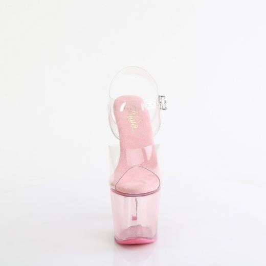 Product image of Pleaser LOVESICK-708T Clr/B. Pink Tinted 7 Inch Heart Shaped Heel 3 1/4 Inch PF Ankle Strap Sandal