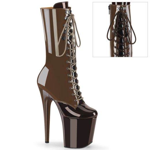 Product image of Pleaser FLAMINGO-1054DC Mocha-Coffee Pat/Mocha Coffee 8 Inch Heel 4 Inch PF Two Tone Lace-Up Mid Calf Boot Side Zip