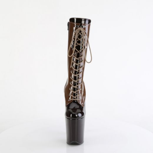 Product image of Pleaser FLAMINGO-1054DC Mocha-Coffee Pat/Mocha Coffee 8 Inch Heel 4 Inch PF Two Tone Lace-Up Mid Calf Boot Side Zip