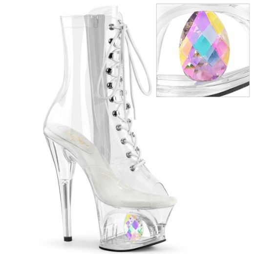 Product image of Pleaser MOON-1021C-DIA Clr/Clr 7 Inch Heel 2 3/4 Inch Cut-Out PF Lace-Up Ankle Boot Side Zip