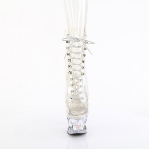 Product image of Pleaser MOON-1021C-DIA Clr/Clr 7 Inch Heel 2 3/4 Inch Cut-Out PF Lace-Up Ankle Boot Side Zip