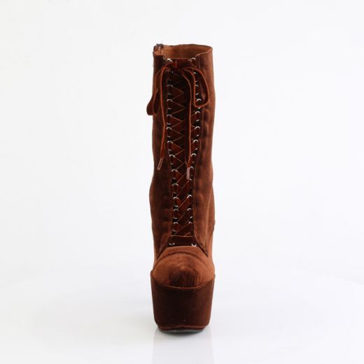 Product image of Pleaser ADORE-1045VEL Brown Velvet/M 7 Inch Heel 2 3/4 Inch PF Velvet Lace-Up Front Ankle Boot