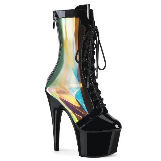 Product image of Pleaser ADORE-1047 Blk Pat-Holo/Blk 7 Inch Heel 2 3/4 Inch PF Lace-Up Front Anke Boot Back Zip
