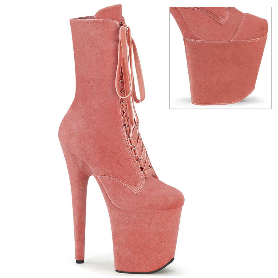 Product image of Pleaser FLAMINGO-1045VEL Dusty Pink Velvet/M 8 Inch Heel 4 Inch PF Velvet Lace-Up Front Ankle Boot
