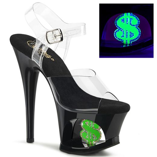 Product image of Pleaser MOON-708USD Clr/Blk-Neon Green 7 Inch Heel 2 3/4 Inch Cut-Out PF Ankle Strap Sandal w/Money Sign