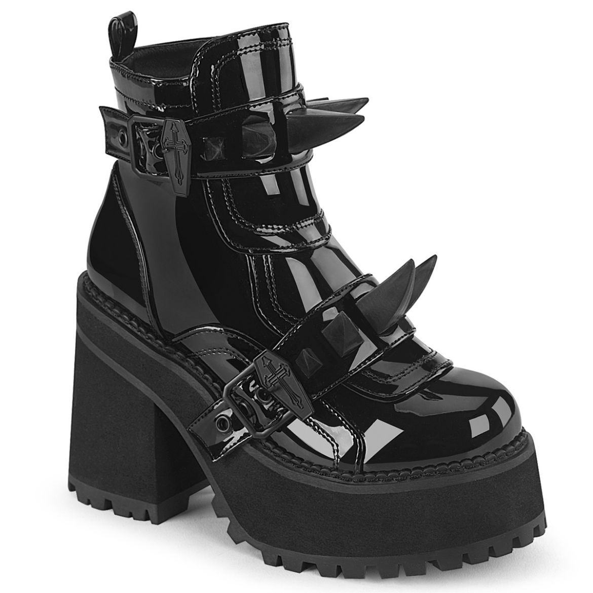 Product image of Demoniacult ASSAULT-72 Blk Pat 4 3/4 Inch Heel 2 1/4 Inch PF Ankle Boot Inside Zip