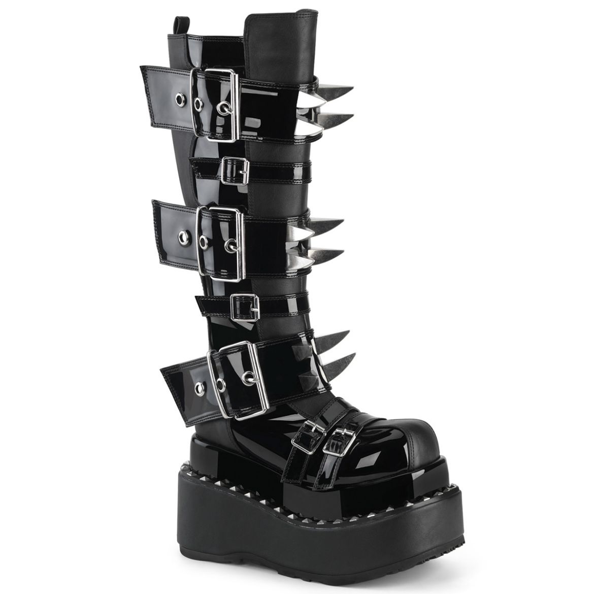 Product image of Demoniacult BEAR-215 Blk Vegan Leather-Pat 4 1/2 Inch Tiered PF Buckle Knee High Inside Zip