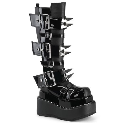 Product image of Demoniacult BEAR-215 Blk Vegan Leather-Pat 4 1/2 Inch Tiered PF Buckle Knee High Inside Zip