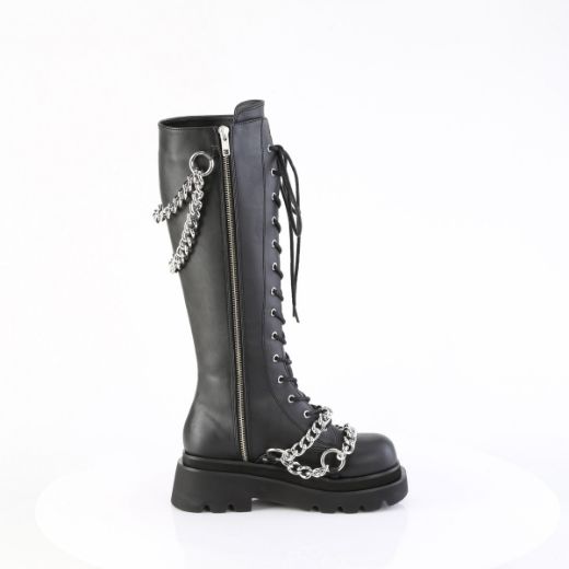 Product image of Demoniacult RENEGADE-215 Blk Vegan Leather 2 1/2 Inch Tiered PF Lace-Up Knee High Boots Inside Zip