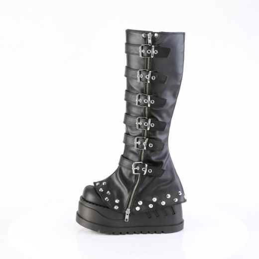 Product image of Demoniacult STOMP-223 Blk Vegan Leather 4 3/4 Inch Wedge PF STR Knee High Boot Inside Zip