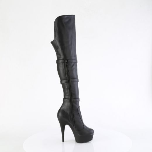 Product image of Pleaser DELIGHT-3018 Blk Str. Faux Leather/Blk Matte 6 Inch Heel 1 3/4 Inch PF Triple Buckle Strap OTK Boot Side Zip