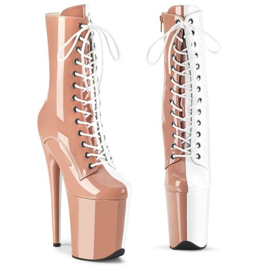 Product image of Pleaser FLAMINGO-1040TT Blush-Wht Pat/Blush-Wht 8 Inch Heel 4 Inch PF Two Tone Lace-Up Ankle Boot Side Zip